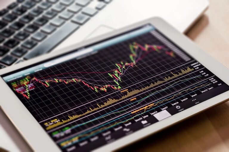 Close-up of a tablet screen displaying financial trading charts and data